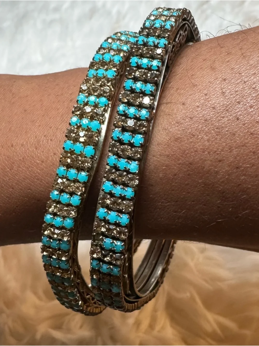 Turquoise Gold Rhinestone Bangle Bracelet Set 2 Pc Square Wavy Stack Glam Boho - Picture 8 of 9